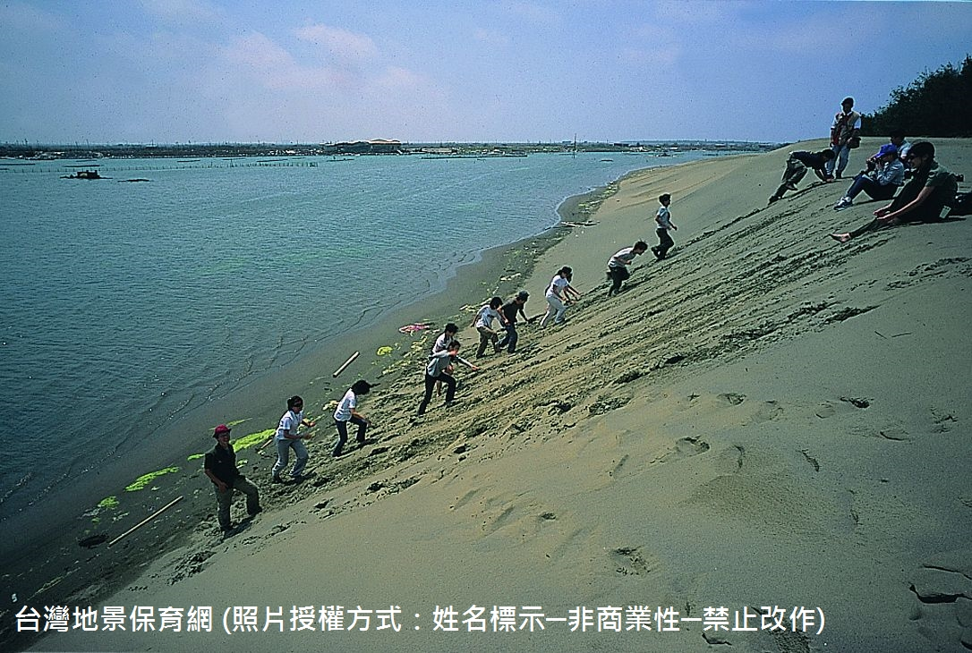 七股潟湖旁的沙洲，由沿岸流以及附近的曾文溪出海口提供沙源，加上風力的堆積，形成沙洲將潟湖與台灣海峽隔開。照片中有人在沙丘上活動，可以當成比例尺來推估沙丘堆積的高度，約有十公尺。